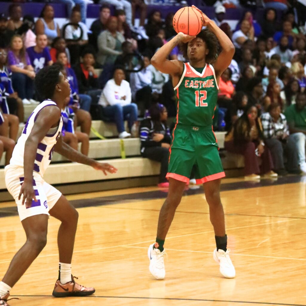 Eastside's Jaivion Williams (12) launches a 3-point shot against Gainesville. Photo by C.J. Gish