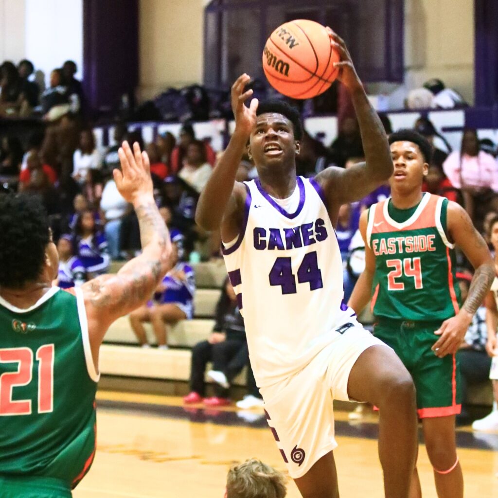 Gainesville's AJ Hall (44) drives to the basket against Eastside. Photo by C.J. Gish 1 (1)