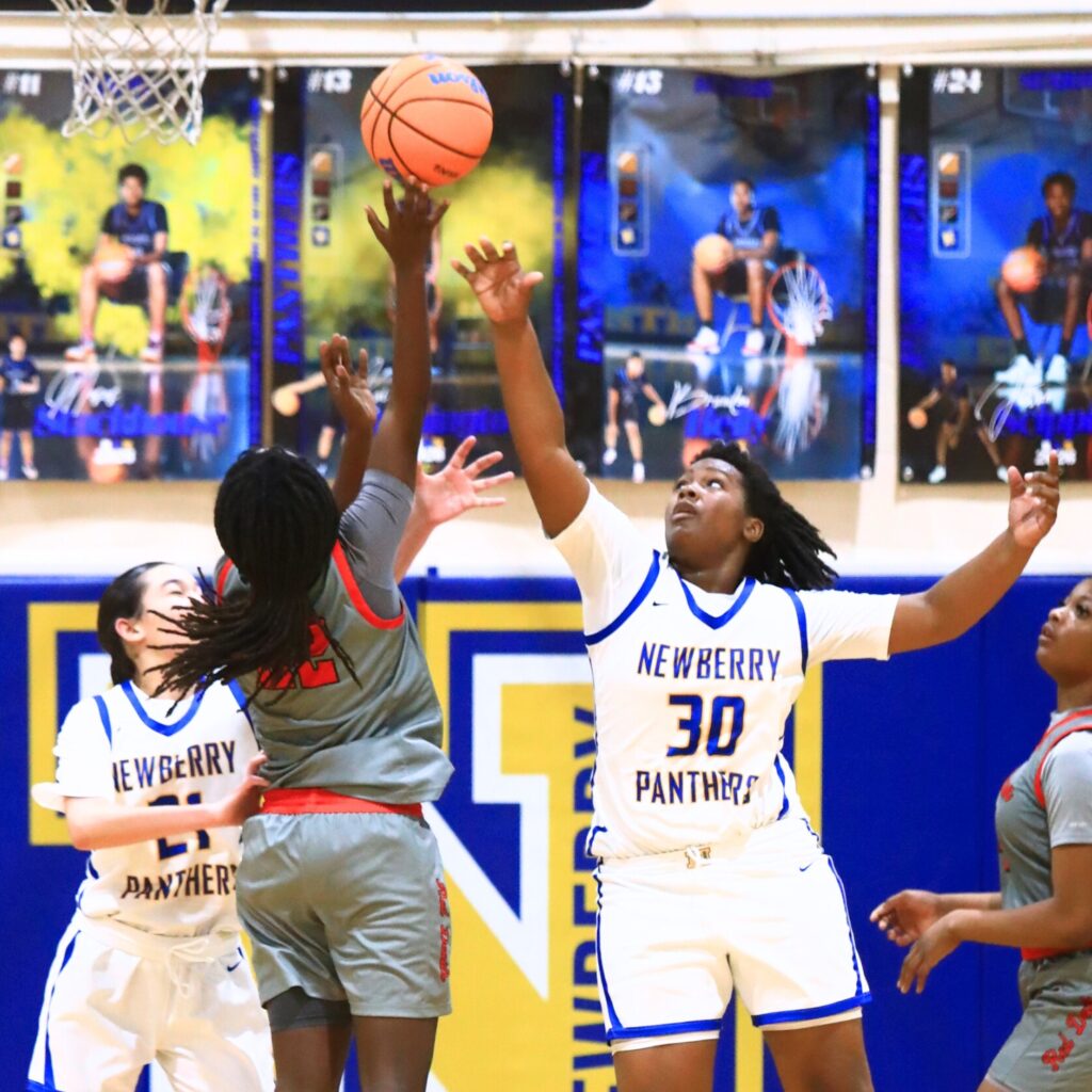 Newberry's Jada Brown (30) attempts to block a shot by Williston's Kaelynn Brown (22). Photo by C.J. Gish