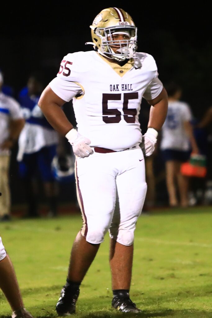 Oak Hall's Andrew Akins helped anchor the offensive line as the Eagles gained over 3,000 yards rushing in 2025. Photo by C.J. Gish