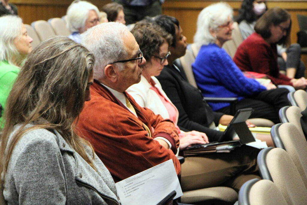 Tara developer Sayed Moukhtara (second from left) attends Alachua Planning and Zoning Board meeting for Tara April's special exception permit. Photo by Lillian Hamman