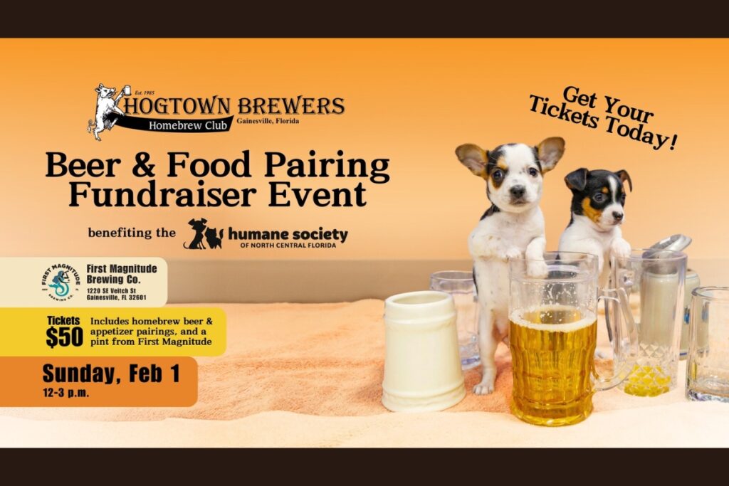 The First Magnitude Brewing Co. will host a “Hogtown Brewers Beer and Food Paring” fundraiser for the Humane Society of North Central Florida on Sunday. Courtesy of HSNCF. Photo of two dogs with beers.