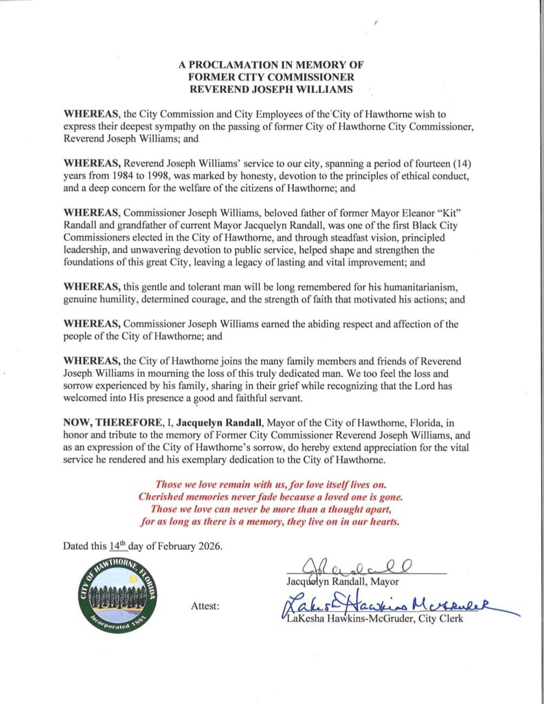 Hawthorne proclamation in honor of Rev. Joseph Williams