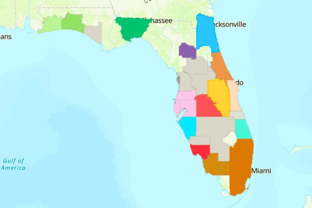 A map of all the metropolitan transportation planning organizations in Florida, with Alachua County in dark purple. Courtesy of FDOT