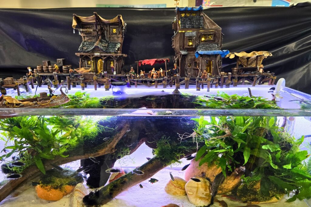 A topside mini-fishing village diorama sits above an active tank full of fish. Photo by Roy Yanong