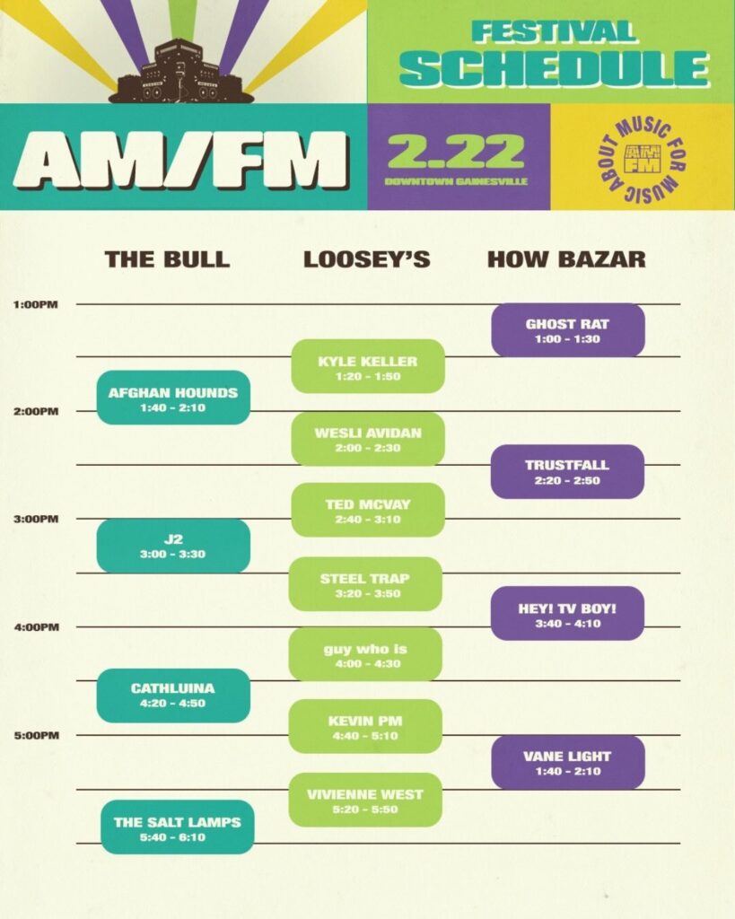 AM/FM Festival schedule for Sunday, Feb. 22, in Downtown Gainesville. Courtesy of AMFM Music Festival