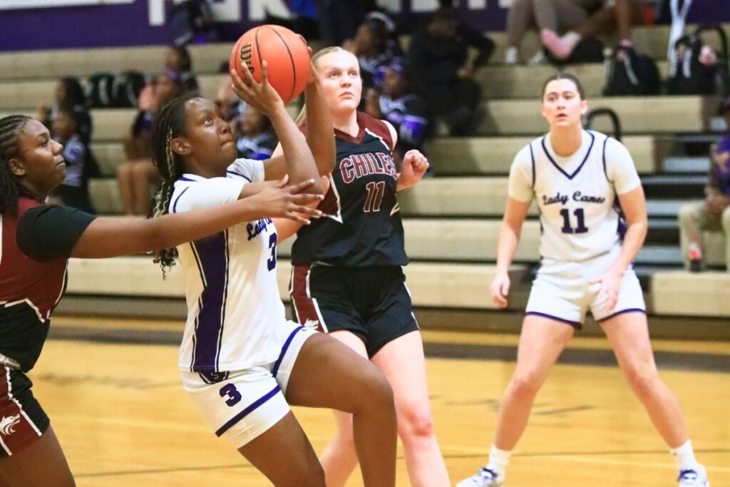 Gainesville's Mikinzie Hargon (3) drives to the basket against Chiles (Tallahassee) in the Class 5A-District 2 Semifinals. Photo by C.J. Gish