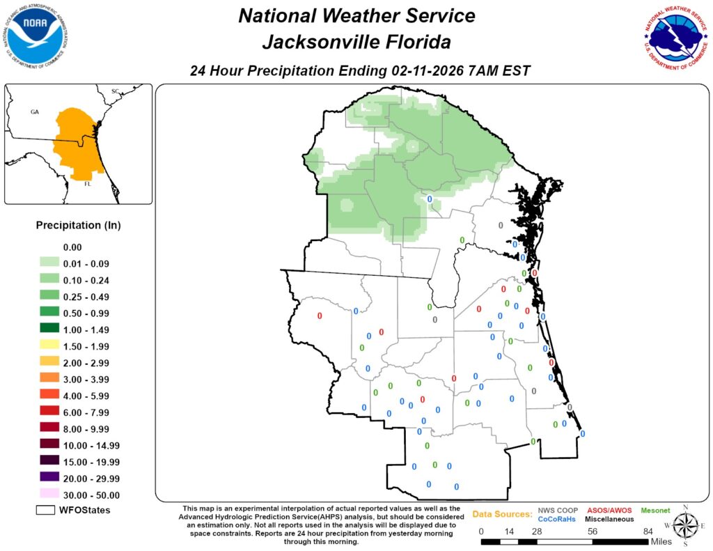 A NWS Jacksonville map shows no rain across the region on Wednesday.