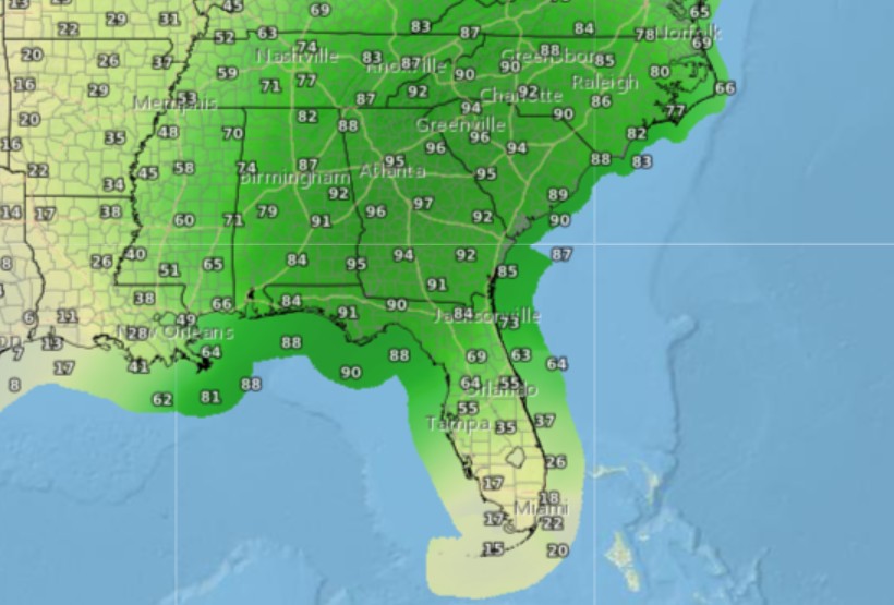 Map shows percentages of rain for North Central Florida on Sunday.
