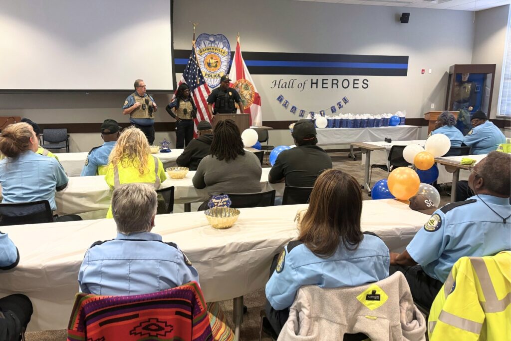 The GPD School Crossing Guard Unit gathers in the Hall of Heroes on Florida School Crossing Guard Appreciation Day on Feb. 6. Photo by Kirsten Rabin