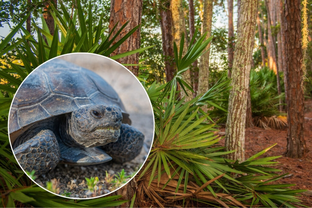A gopher tortoise with woods in the background.