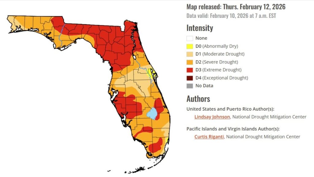 The latest data from the U.S. Drought Monitor show parts of Florida (in red) are in a severe drought. U.S. Drought Monitor