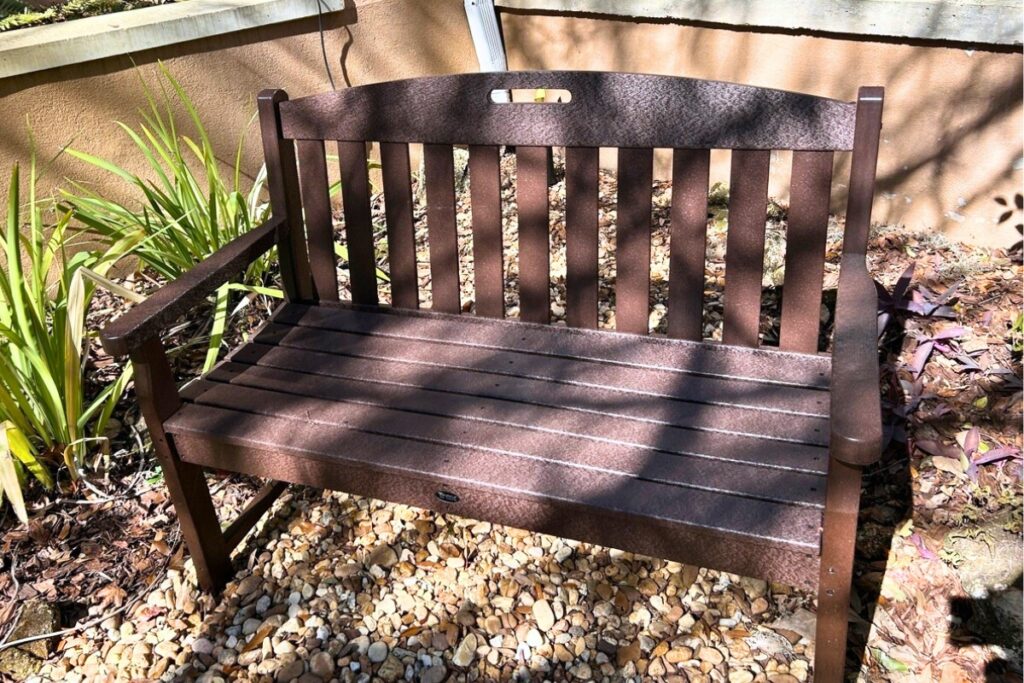 The new TREX bench in the garden at Temple Shir Shalom. Photo by Ronnie Lovler