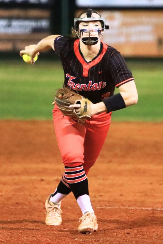 Trenton's Addison Allaire (2) pitches from the circle against Gainesville. Photo by C.J. Gish 1