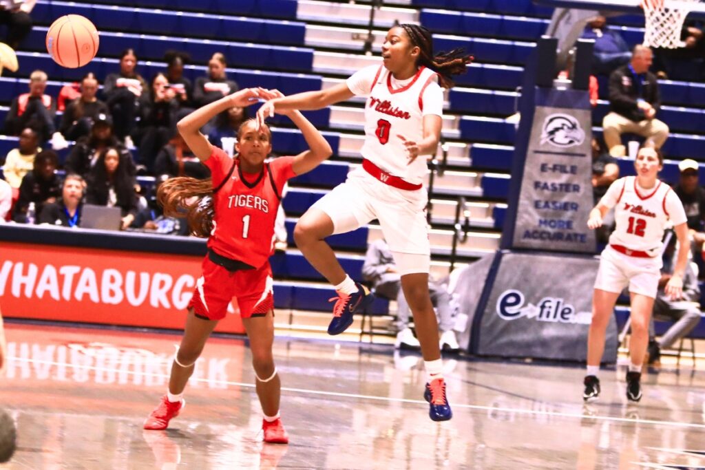Williston's Ashlyn Young (0) deflects a Blountstown pass out of bounds in the Rural state semifinals. Photo by C.J. Gish