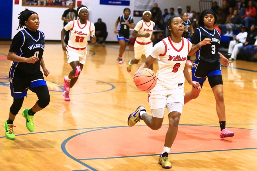 Williston's Ashlyn Young (0) gets a step on the defense on her way to a layup against Wildwood in the Rural Class District 7 championship game. Photo by C.J. Gish