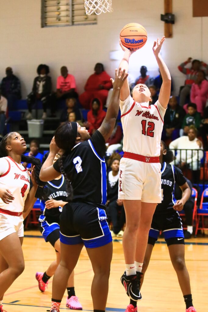 Williston's Baylee Cribbs (12) scores two points against Wildwood in the Rural Class District 7 championship game. Photo by C.J. Gish