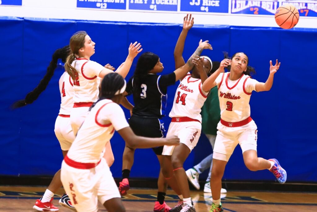 Williston's Delecia Dallas (3) goes after a loose ball against Wildwood in the Rural Class District 7 championship game. Photo by C.J. Gish