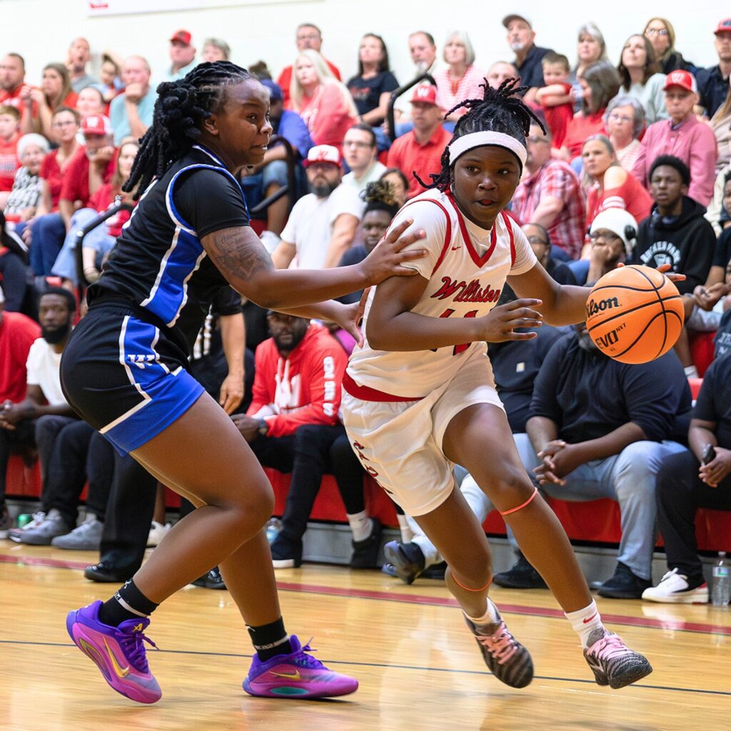 Williston's Janiyah Span (14) dribbles around an opponent against Wildwood in the Rural-Region 4 Final. Photo by Megan V. Winslow