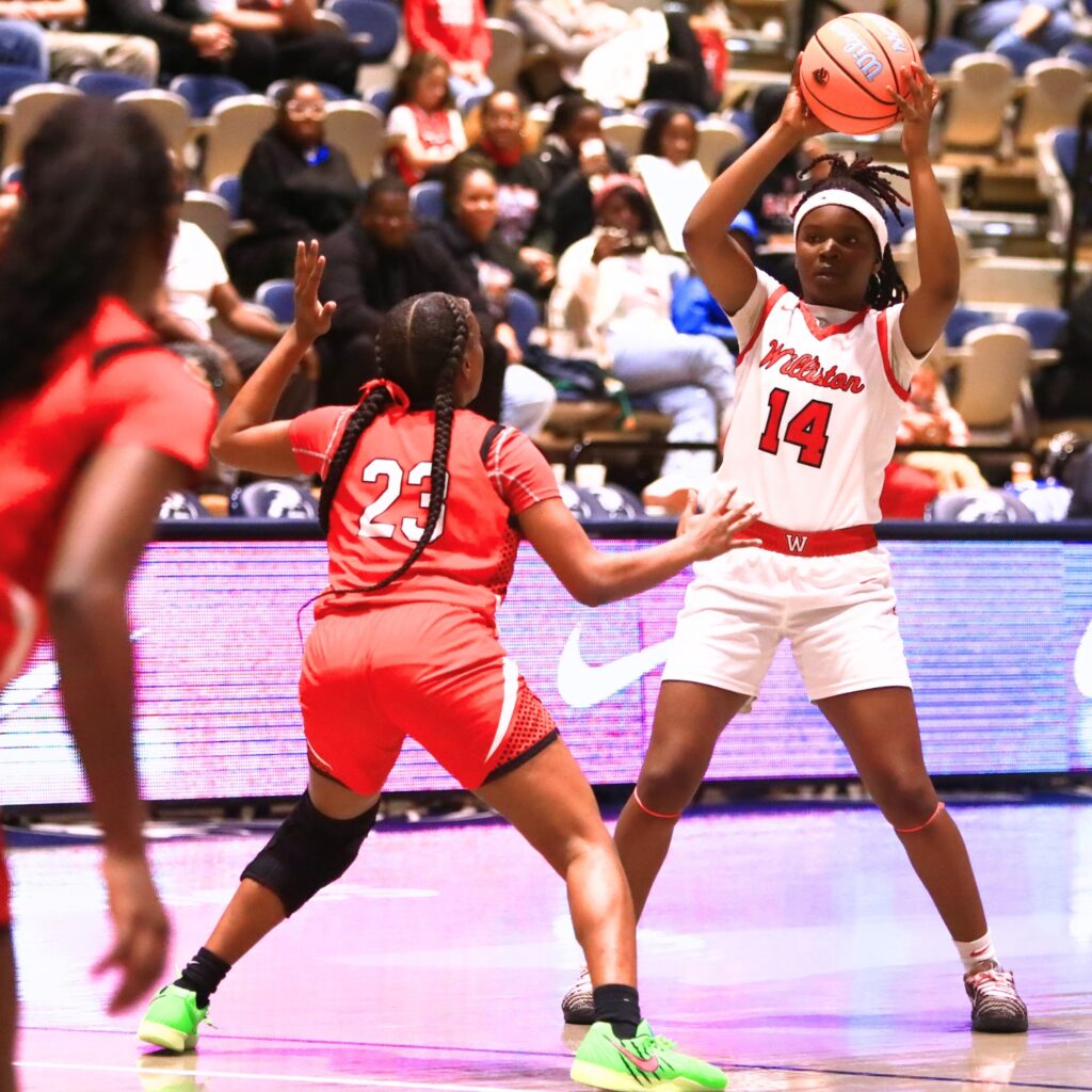 Williston's Janiyah Span (14) looks to pass against Blountstown in the Rural state semifinals. Photo by C.J. Gish