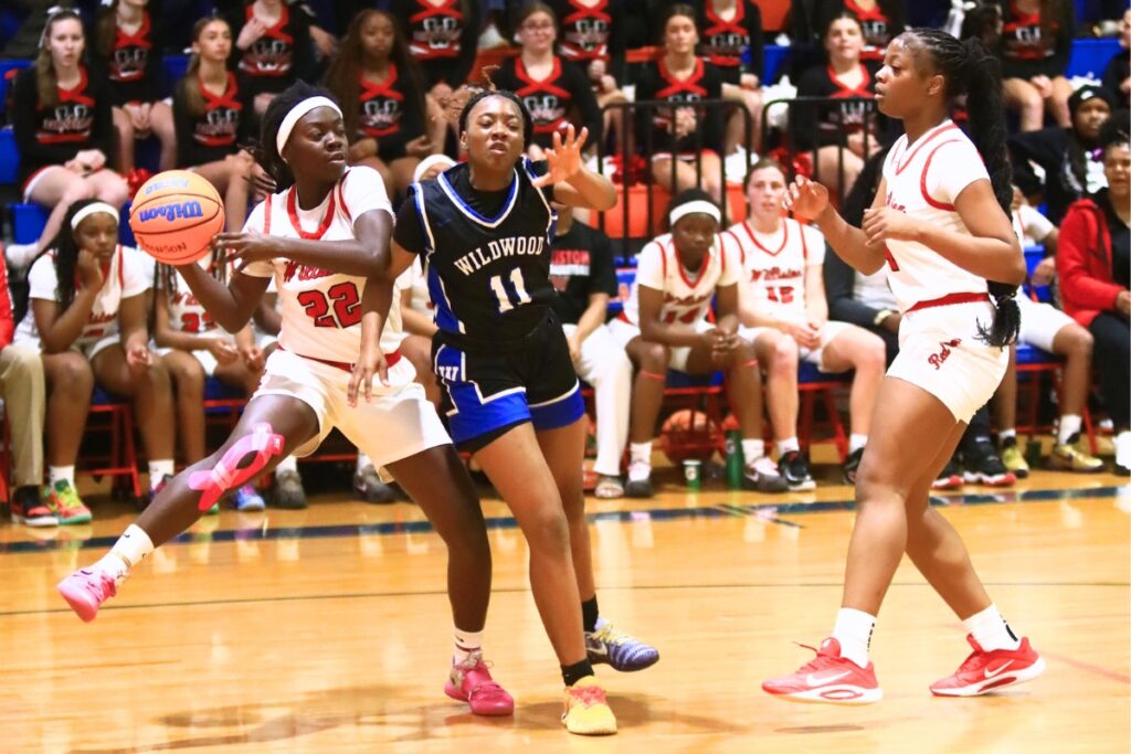 Williston's Kaelynn Brown (22) grabs a rebound against Wildwood in the Rural Class District 7 championship game. Photo by C.J. Gish