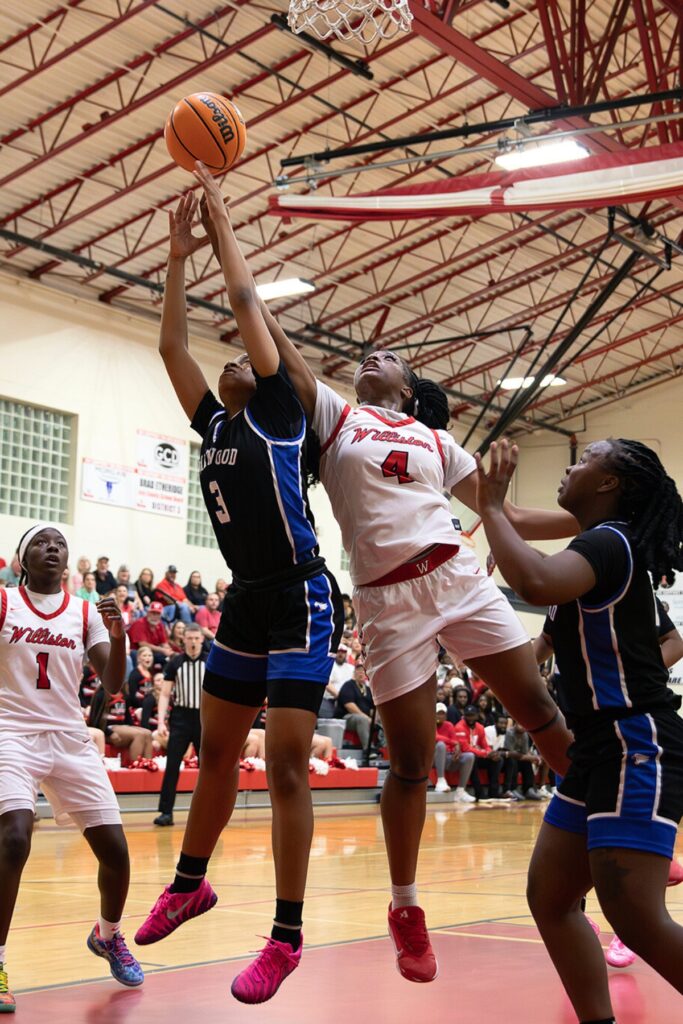 Williston's Tiona Wilkinson (4) guides the ball toward the basket against Wildwood in the Rural-Region 4 Final. Photo by Megan V. Winslow