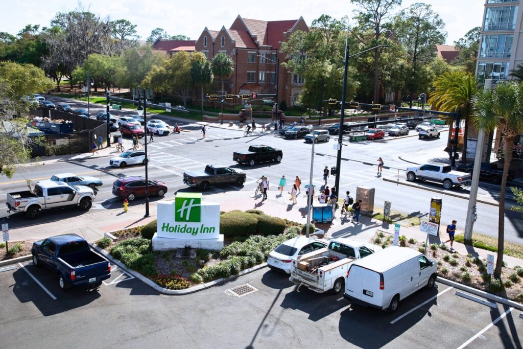 A view of University Avenue and 13th Street from Holiday Inn Gainesville University Center's fourth-floor pool deck. Photo by Megan V. Winlsow