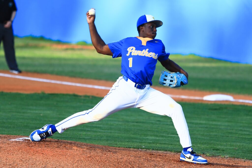 Newberry pitcher Desmond Taylor (1) started on the mound against Santa Fe. Photo by C.J. Gish