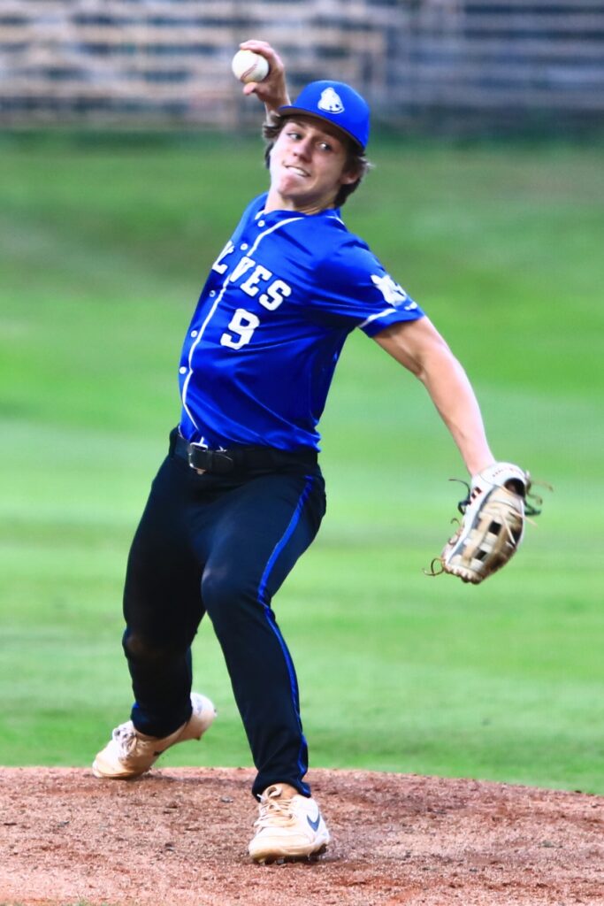 Saint Francis Catholic's Carson Long (9) started on the mound and had eight strikeouts against P.K. Yonge. Photo by C.J. Gish