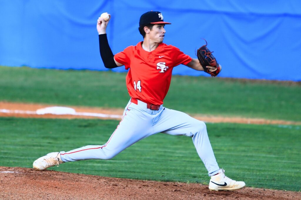 Santa Fe pitcher Cohen Bennett (14) started on the mound against Newberry. Photo by C.J. Gish