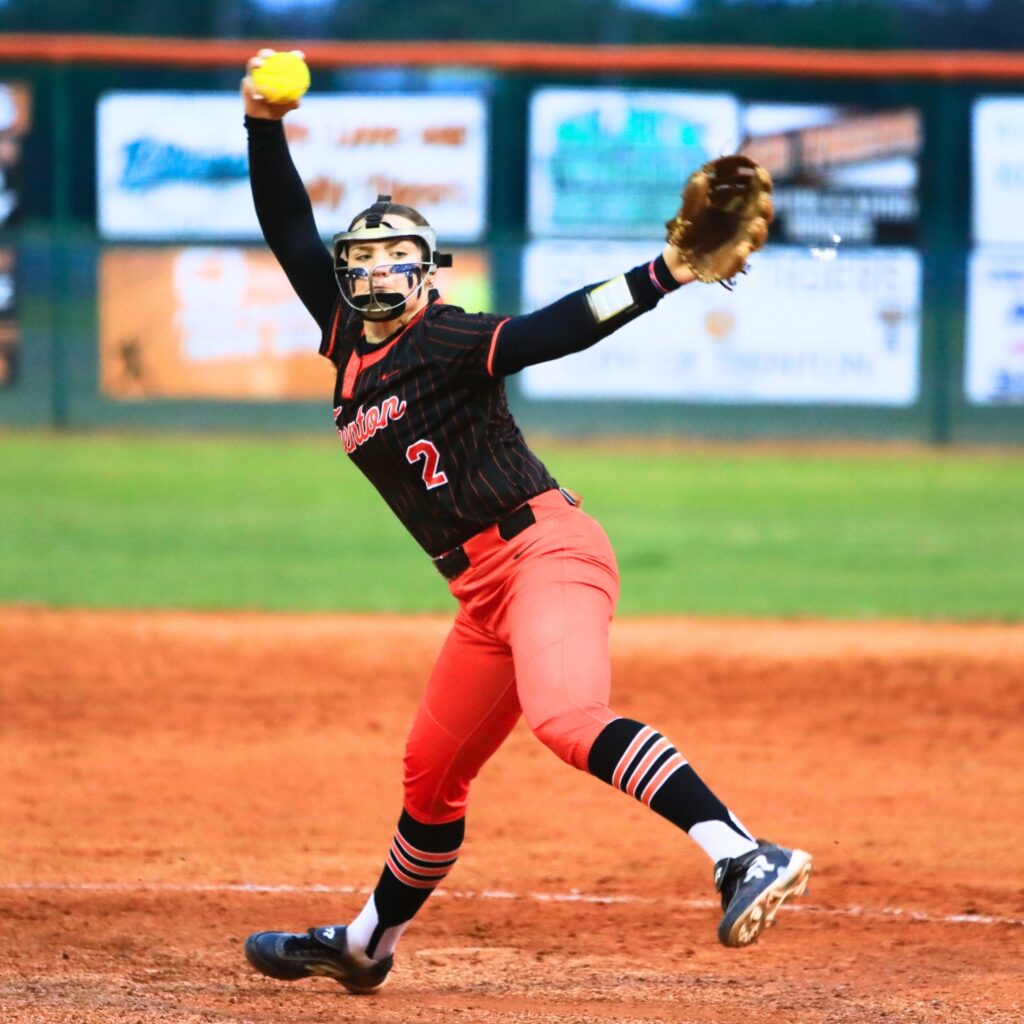 Trenton pitcher Addison Allaire (2) started in the circle against visiting Santa Fe. Photo by C.J. Gish