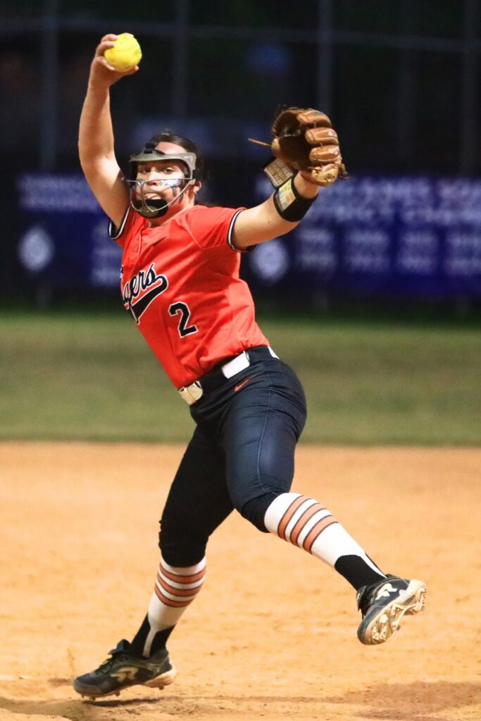 Trenton pitcher Addison Allaire (2) struck out 20 Gainesville batters on Thursday. Photo by C.J. Gish 3