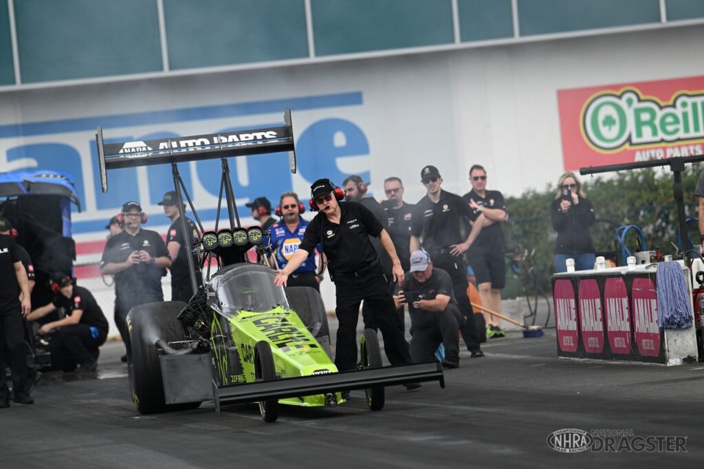 A Top Fuel dragster waits on the start line during testing ahead of the 2026 Gatornationals.