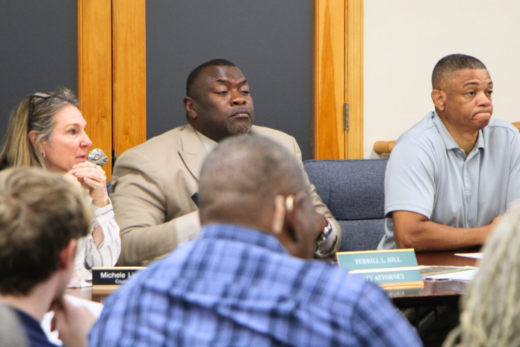 Alachua County Manager Michele Lieberman (left) presented on possible outcomes of a state bill that could eliminate property taxes. Photo by Lillian Hamman