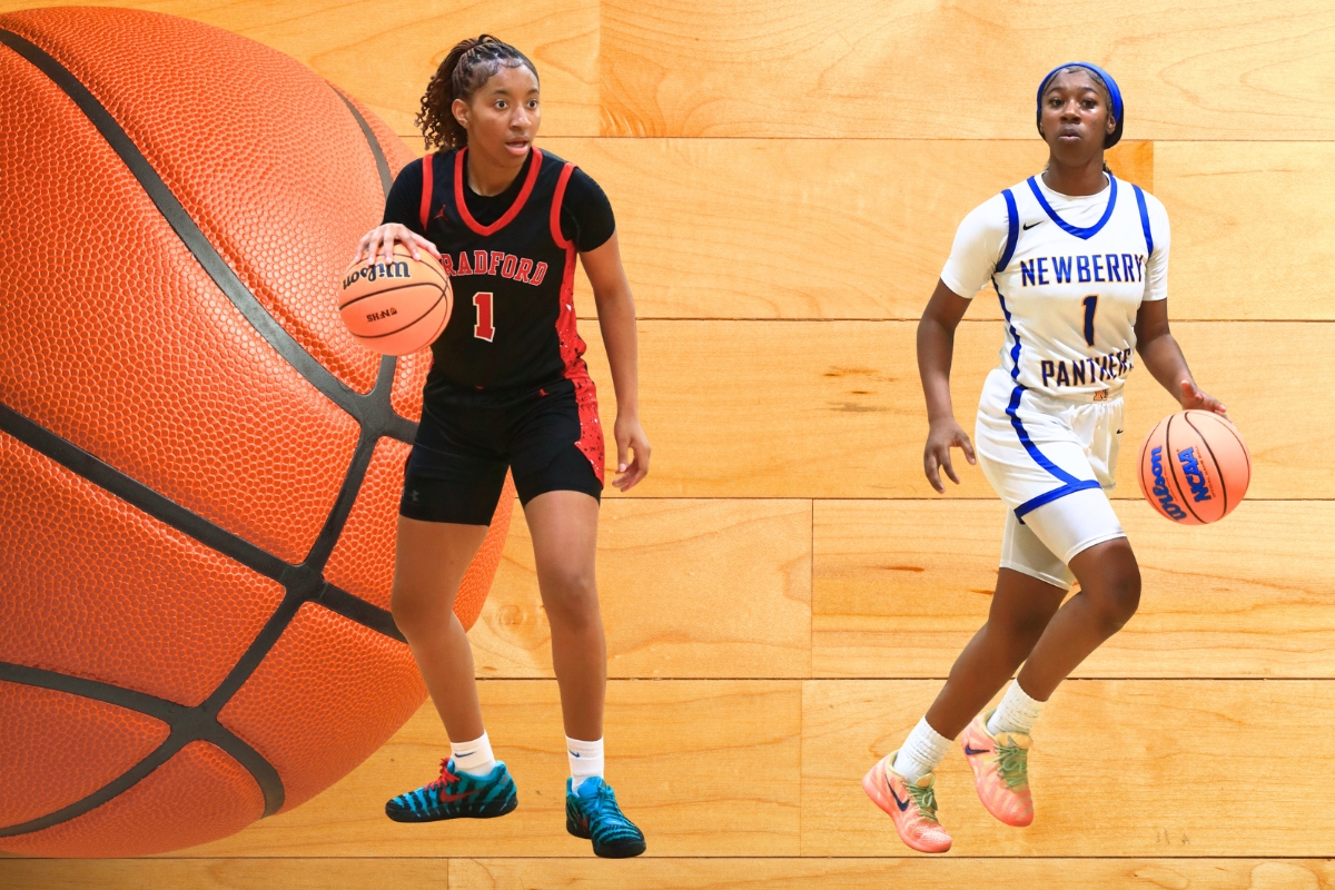 Bradford's Ar'Nayshia Griffin (left) and Newberry's Brandy Whitfield were selected to the 2025-26 Bosshardt Realty All Area big school girls basketball team. Graphic and photos by C.J. Gish (1)