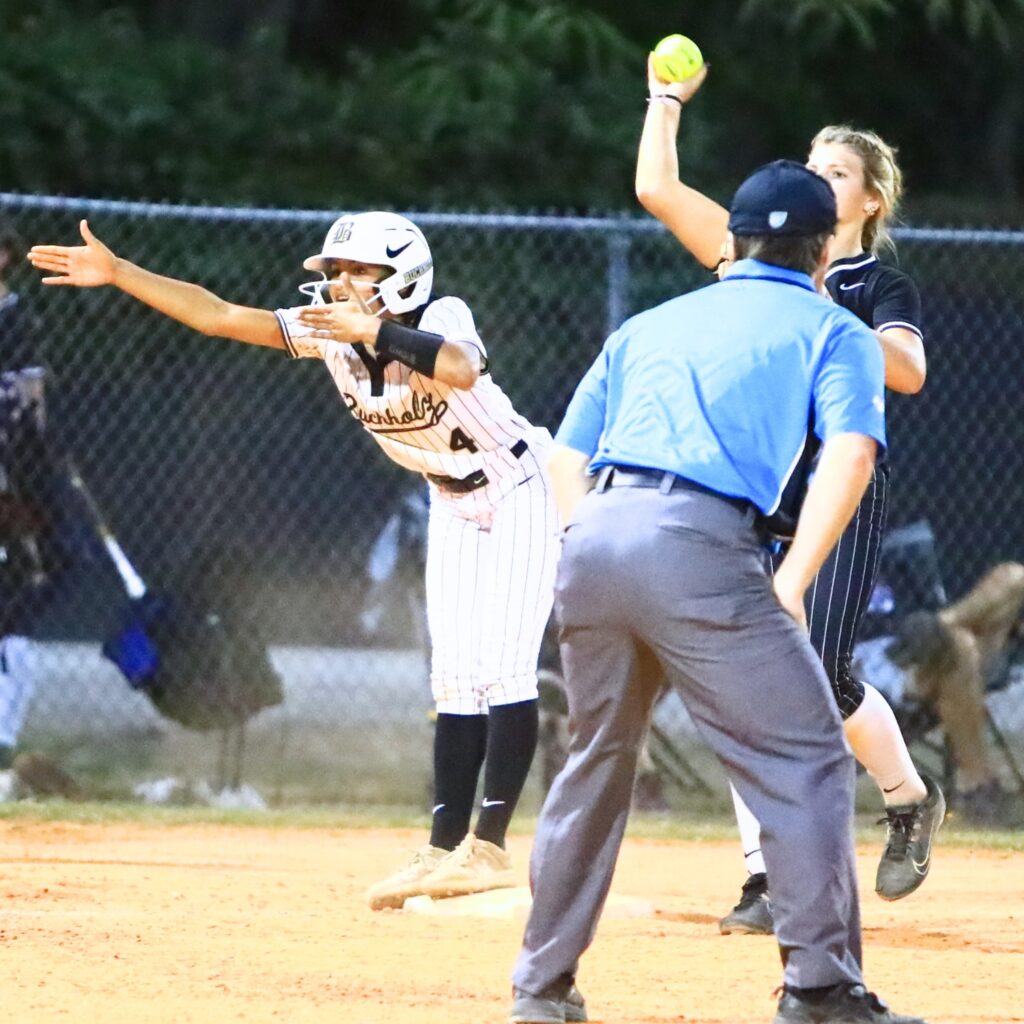 Buchholz's Jordyn Cooper (4) celebrates after hitting a triple in the fourth inning against Bartram Trail (St. Johns) in the 6A-District 3 Semifinals. Photo by C.J. Gish