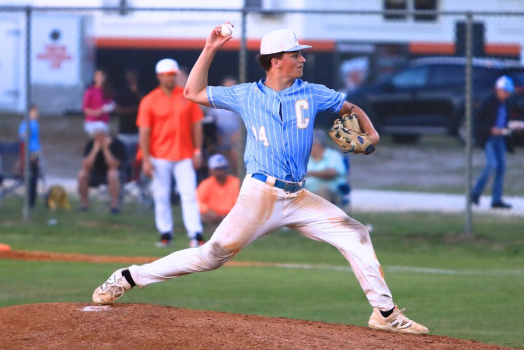 Chiefland pitcher Tobias Cunigan (14) got the start on the mound against Trenton in the Rural-District 7 semifinals. Photo by C.J. Gish