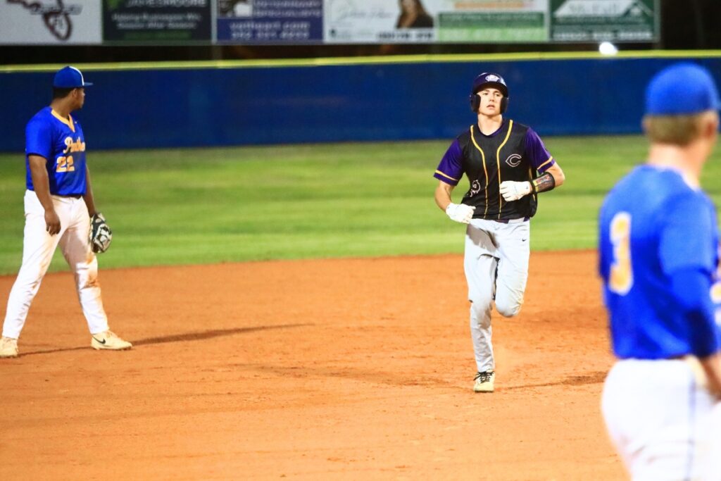 Columbia's Tison McCray (9) rounds the bases after hitting a three-run home run in the top of the fourth inning for a 6-5 lead at Newberry. Photo by C.J. Gish