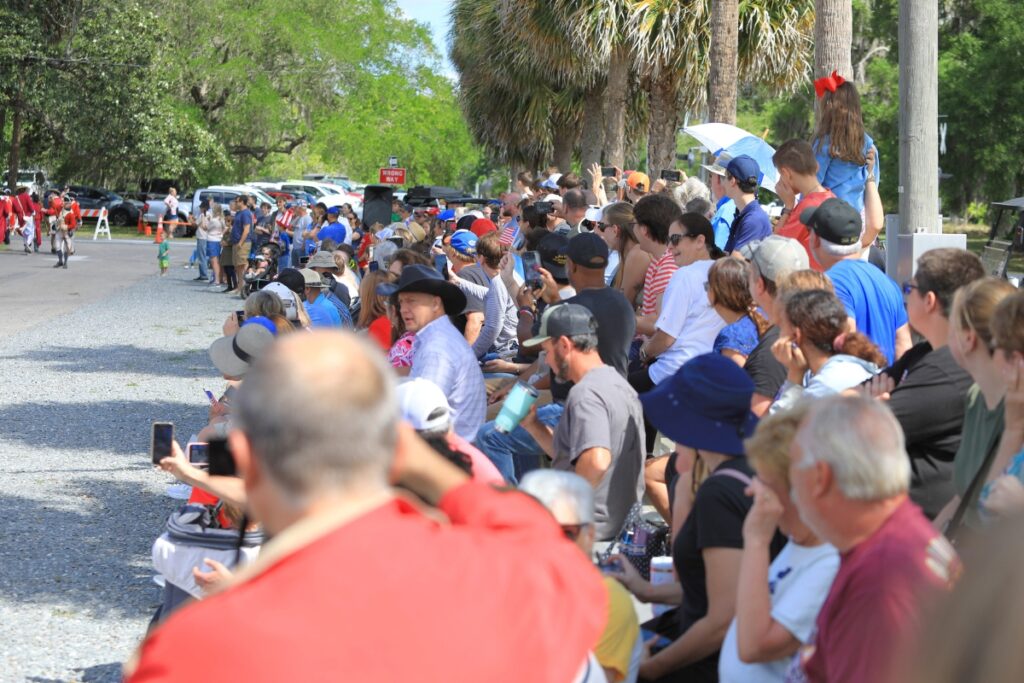 Crowds gather in downtown Newberry to watch a reenactment of the Battles of Lexington and Concord.