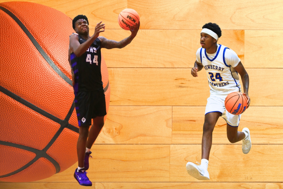 Gainesville's Antonio Hall (left) and Newberry's Juwan Scippio were selected to the 2025-26 Bosshardt Realty All Area big school girls basketball team. Graphic and photos by C.J. Gish