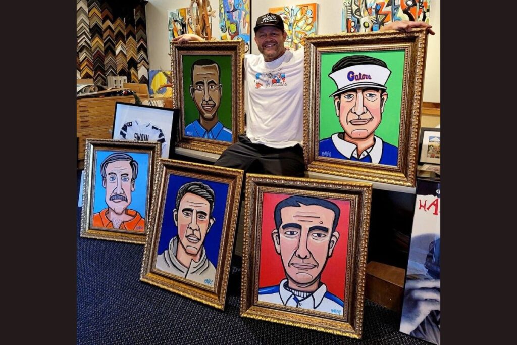 Former UF linebacker James Bates with a sampling of his artwork