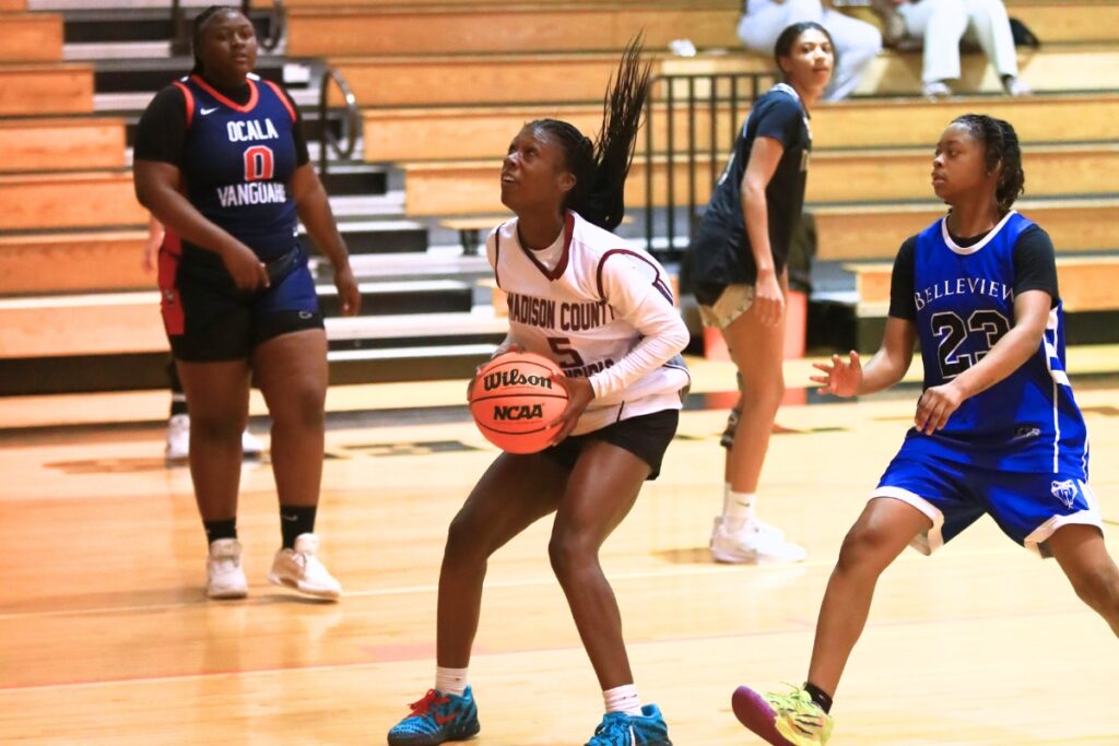 Madison County's Tahj Dobson drives for a basket at The Prep Zone All-Star Showcase on Saturday. Photo by C.J. Gish