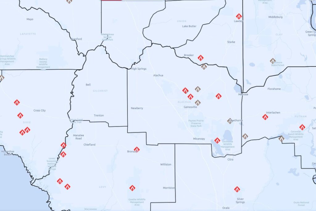 Map of current wildfires in North Central Florida. Courtesy of Florida Forest Service