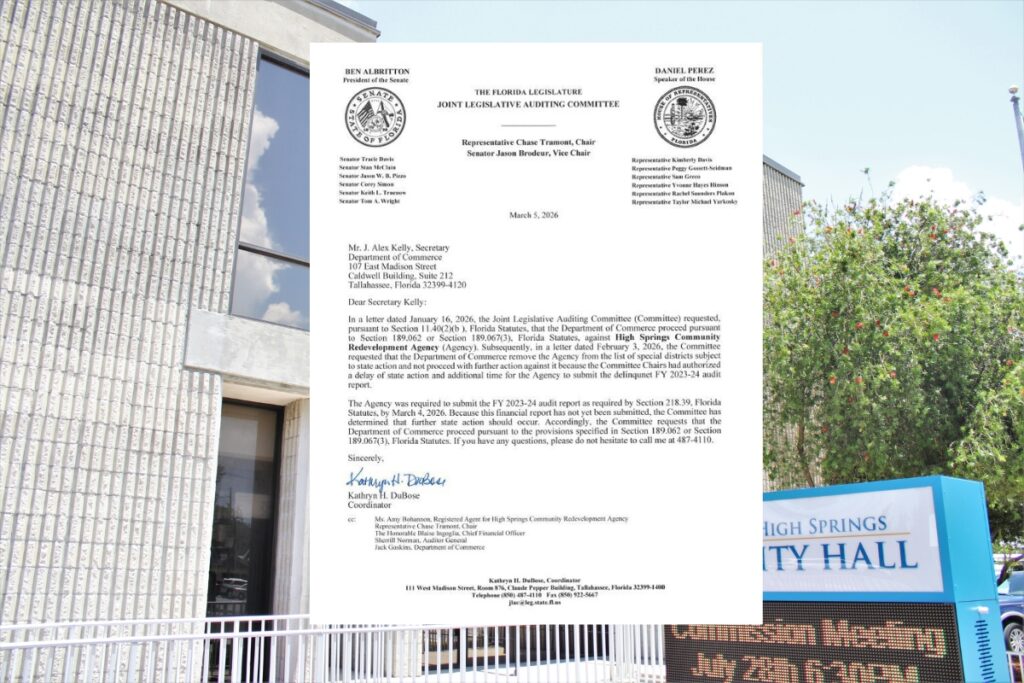 The Joint Legislative Auditing Committee directed multiple state entities to withhold CRA funding from High Springs for a missing 2023-24 audit. Courtesy Sue Weller