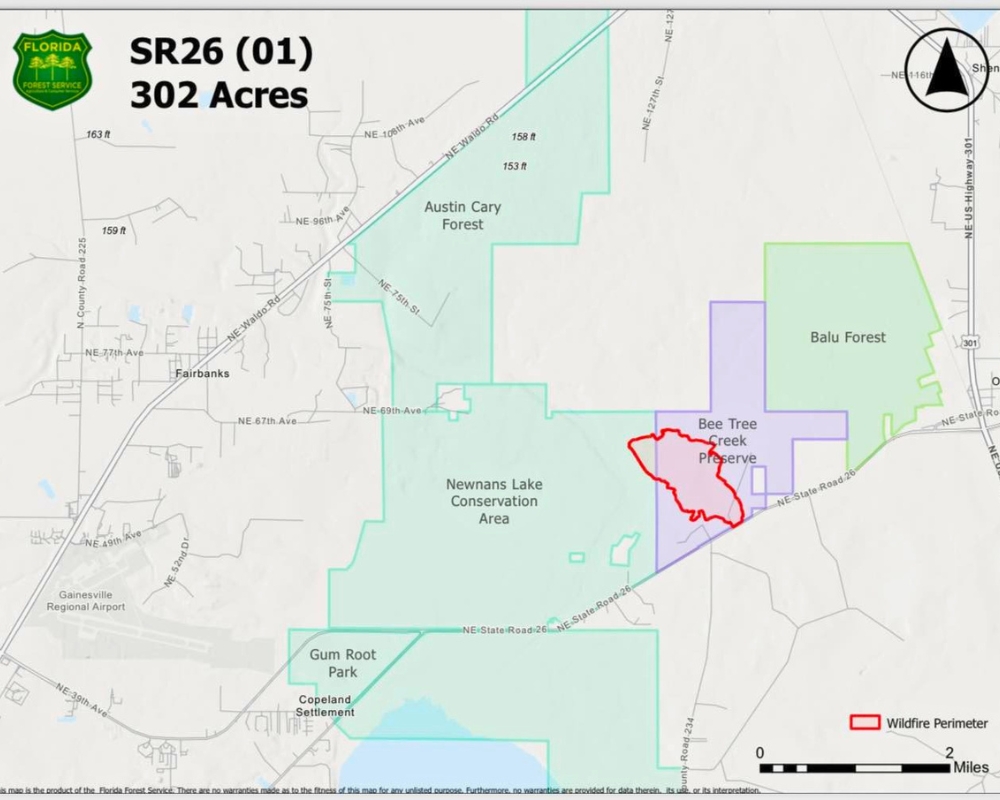 Regional map of the wildfire off State Road 26 in east Alachua County. Courtesy of Florida Forest Service