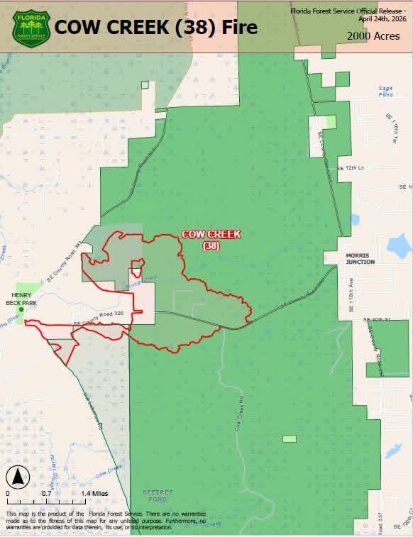 The Cow Creek Fire in Levy County was at 2,000 acres as of Friday afternoon. (Courtesy of Florida Forest Service - Waccasassa Forestry Center)