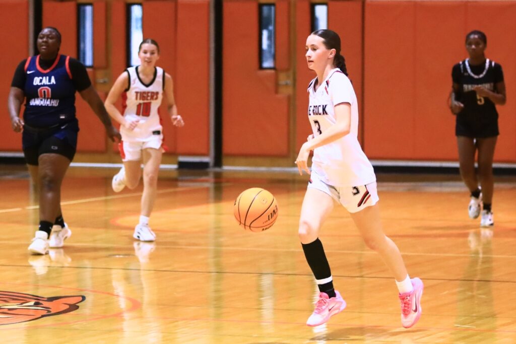 The Rock's Audrey Roberts brings the ball downcourt at The Prep Zone All-Star Showcase on Saturday. Photo by C.J. Gish