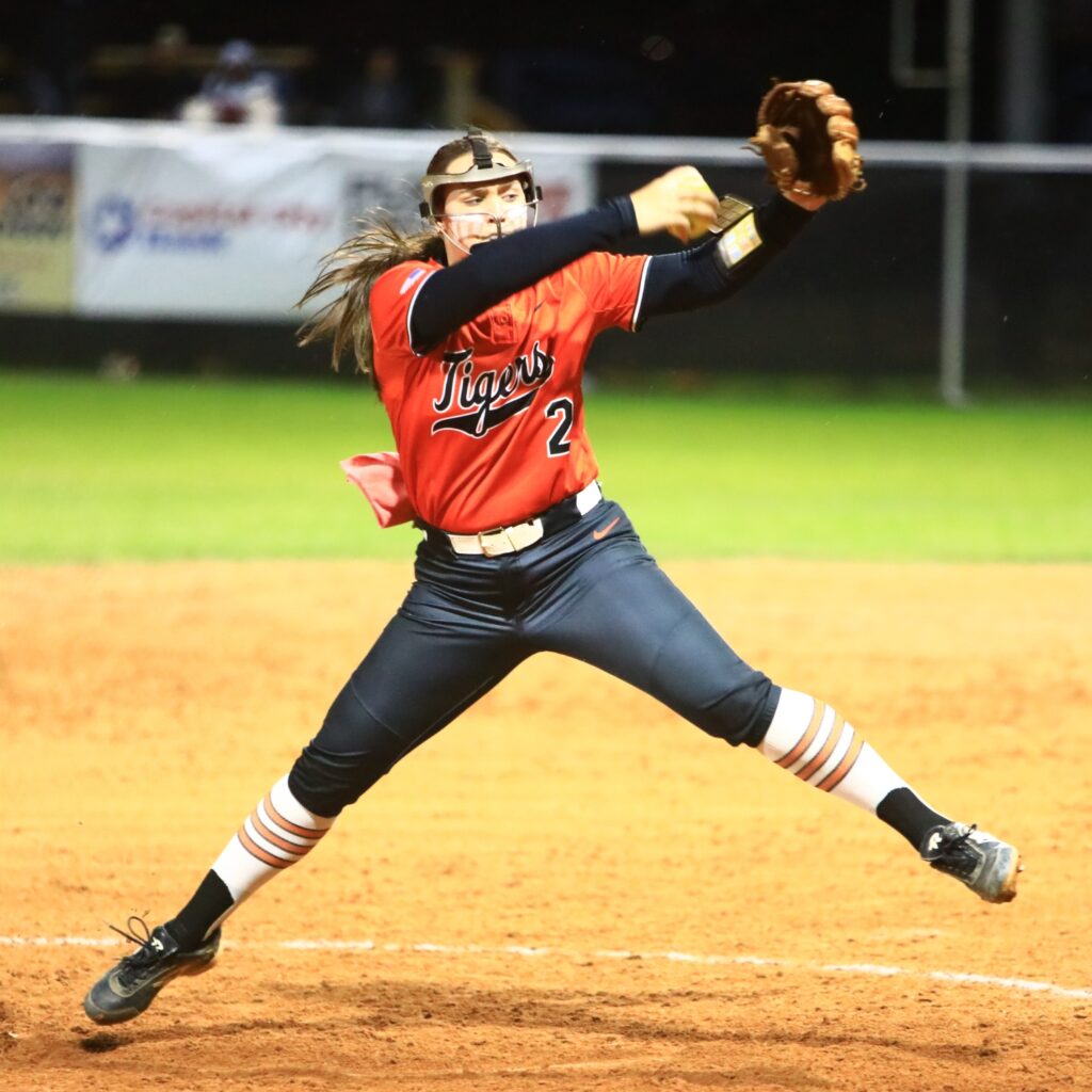 Trenton's Addison Allaire (2) started in the circle and had 10 strikeouts on the road against Santa Fe. Photo by C.J. Gish 5