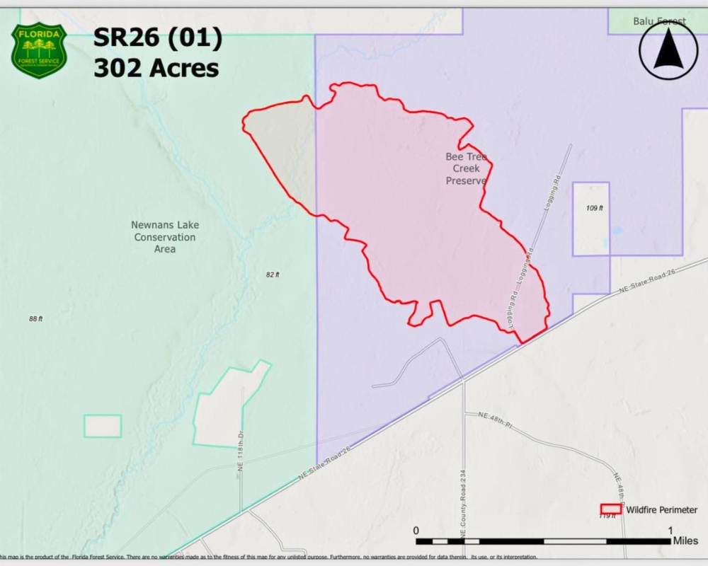 Wildfire off State Road 26 as of Thursday evening. Courtesy of Florida Forest Service