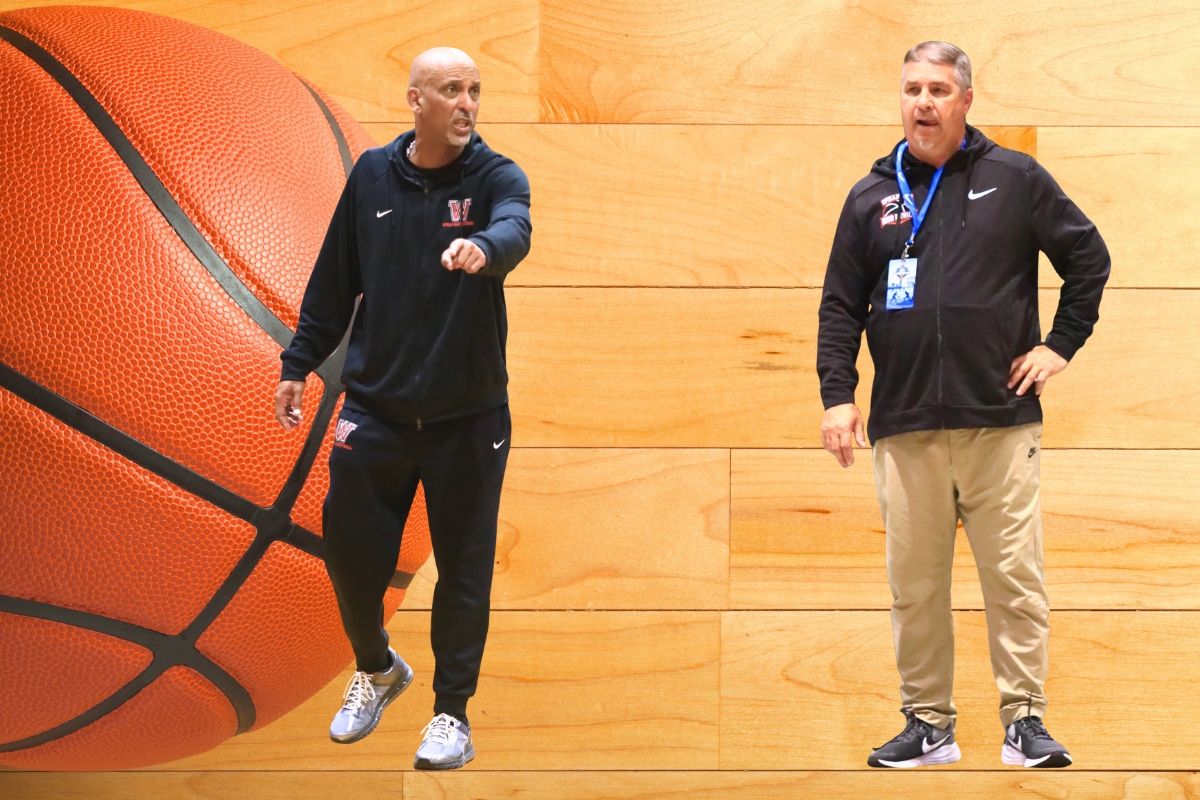 Williston's girls coach Willie Powers (left) and boys coach Jim Ervin were selected as 2025-26 Bosshardt Realty basketball coaches of the year. Graphic and photos by C.J. Gish